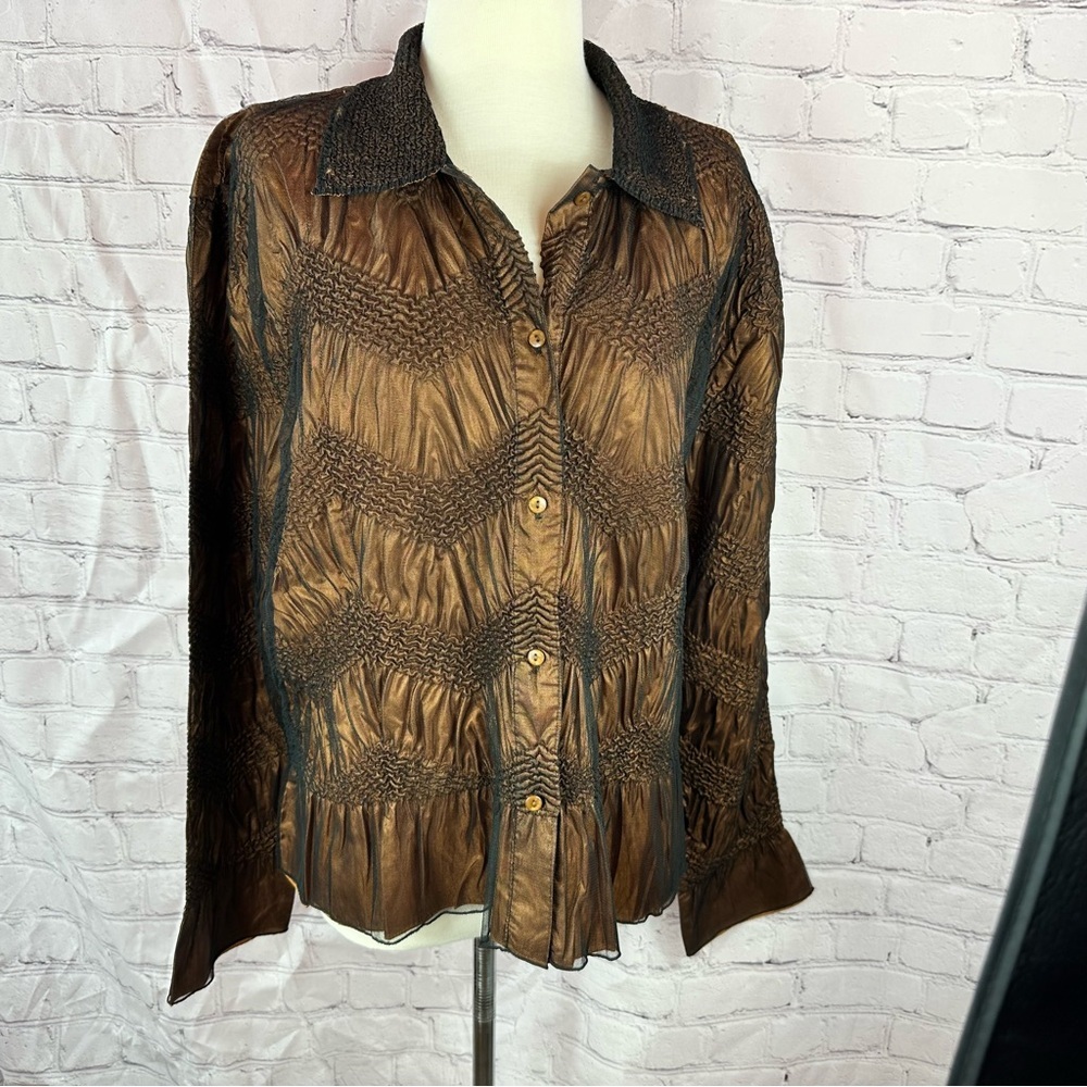 vtg Coldwater Creek Textured Button-Down blouse women XXL boho smocked embroider